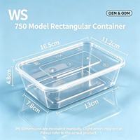 Boîte alimentaire rectangulaire transparente avec couvercle 16,5x11,2x4,8cm, emballage à emporter, modèle 750, OEM ODM, vente en gros