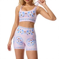 Ensemble de yoga imprimé floral/animal/à carreaux, short cycliste taille haute et brassière de sport, tenue de sport deux pièces avec logo frontal pour la gym et la course à pied
