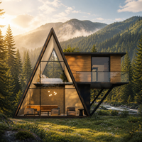 Kits de maison préfabriquée en structure acier de luxe, prêts à être expédiés, avec toit triangulaire, 3 chambres, pour usage hôtelier, au design contemporain.
