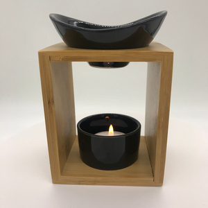 Brûleur de cire en céramique fait <span class=keywords><strong>maison</strong></span> en gros sur support en bois réchauffeur de cire fondue glaçure noire - Product Image 4