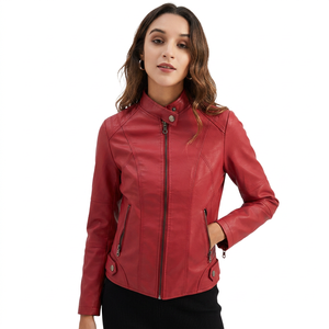 Veste en cuir de mouton véritable pour femme, style motard, respirante, en spandex tissé, zippée, rouge - Product Image 1