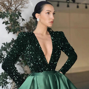 <b>Red</b> Long Sleeve <b>Sequined</b> V Neck Full Skirt Slit Evening Dress Women Formal Party Gown - Product Image 4