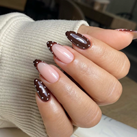 Kuku Palsu French Press Warna Cokelat Nude Almond Polka Dot Nail Art Glossy untuk Sehari-hari Kantor, Tip Manikur Minimalis 4540