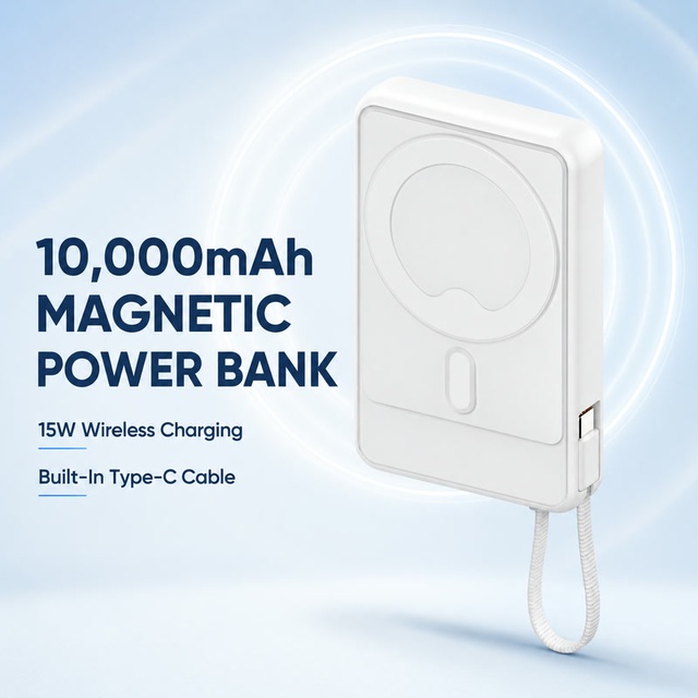 15W Wireless Charger Strong Magnetic Power Bank for iPhone 16 17 Pro Max 10000mAh Slim Portable Battery Pack with Type-C Cable