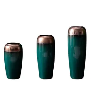 Vaso da fiori in ceramica di moda moderna con pavimento in porcellana cilindro da sposa vaso da fiori verde e bronzo