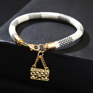 <b>Leather</b> <b>Bracelet</b> With Mini Bag Charm Gold Plated Checkerboard Pattern Black White Brown Gift Jewelry - Product Image 3