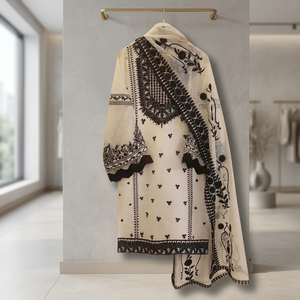 Ensemble de costume AGHA NOOR pour femmes, composé de 3 pièces : chemise en mousseline de soie brodée et dupatta en tissu khaddi brodé, BIC-4557 - Product Image 3