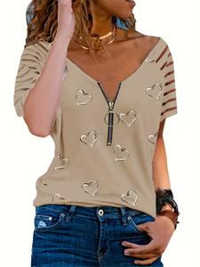 Camiseta de manga corta informal transpirable con cuello en V para mujer, tela tejida comprimida antibolitas holgada con cremallera conveniente - Product Image 6