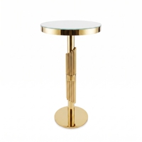 Table d'appoint ronde haute moderne à rainures verticales, avec plateau en verre et pied unique en acier inoxydable, idéale pour les mariages et salons.