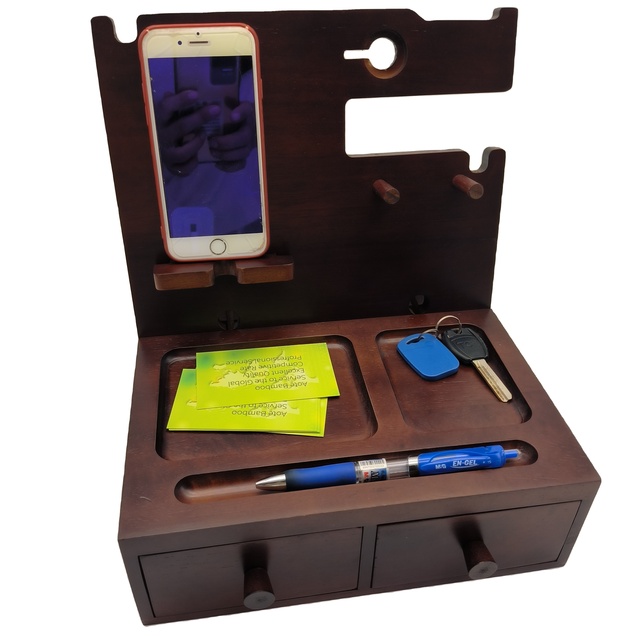 Gift Idea Square Modern Carved Bamboo Wood Eco-Friendly Phone Charging Docking Station Table Organizer