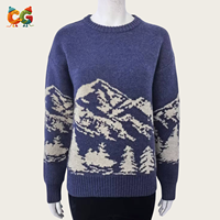 Pull en maille personnalisé avec logo CG pour femme, motif forêt d'hiver, col rond, jacquard pin, épaules tombantes, coupe ample – Fournisseur