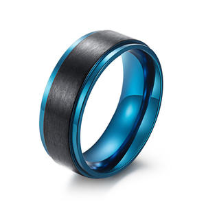 Unisex Matte Brushed Titanium Steel <b>Ring</b> Black And Blue Geometric Design Gift Jewelry - Product Image 5