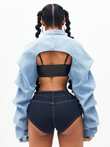 Nouvelle mode <span class=keywords><strong>veste</strong></span> en jean à manches bouffantes irrégulières avec fermeture à glissière et col demi-ouvert pour femmes - Product Image 3
