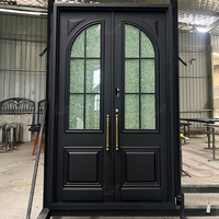 Puerta Doble de Entrada Negra Estilo Moderno con Vidrio Arqueado, Puertas de Seguridad, Puerta Doble de Entrada con Arco
