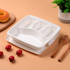 Sugarcane Pulp <b>Lunch</b> <b>Box</b> 9 Inch 4 Compartment Biodegradable <b>Microwave</b> Safe Disposable Food Container - Product Image 1