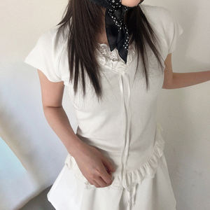 Romantic Breathable Lace <b>Patchwork</b> V-Neck Blouse Women Ruffle Trim Cute <b>Top</b> Kawaii Frill Casual Summer Shirt Digital Printing - Product Image 5