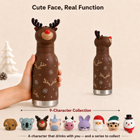 Bouteille d'eau isotherme en acier inoxydable de 450 ml, anti-fuite, avec tête de renne en silicone détachable et motif flocon de neige, cadeau d'affaires pour Noël