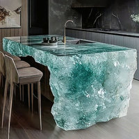 Table à manger carrée en résine transparente de luxe R040, surface effet cristal brillant, moderne, écologique, durable, résistante aux UV, pour extérieur