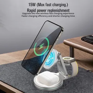 Soporte de Carga Inalámbrico Magnético 3 en 1 Plegable de Aleación de Zinc, Cargador Rápido de 15W con Luz RGB para iPhone, Apple Watch, <span class=keywords><strong>AirPods</strong></span> y <span class=keywords><strong>Samsung</strong></span> - Product Image 3