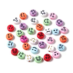 100pcs/bag Acrylic Flat Round Beads Loose Beads Colorful Cute Cartoon Emotion Face Beads For DIY Jewelry Making Accessories