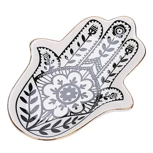 Plato de joyería de cerámica blanca moderna, soporte de joyería con forma de mano Hamsa