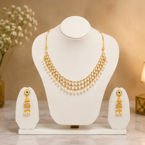 Traditional gold pearl drop <b>necklace</b> set with <b>delicate</b> chain design and matching earrings Indian ethnic bridal jewelry - Product Image 6