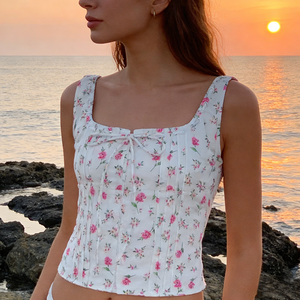 Summer European American Floral Square Neck Crop Cami Top Women <b>Tie</b> Strap Slim Fit Sweet Vacation Tank Top - Product Image 6