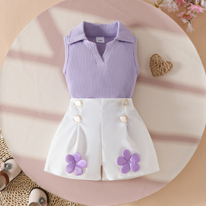 2025 European and <strong>American</strong> Girls Casual Set V-Neck Sleeveless Pit Top with White Applique Shorts Lapel Pants <strong>Style</strong>