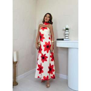 Elegante vestido de madre de la novia con estampado floral, corte en A, tirantes finos, tela tejida, vestido largo amarillo. - Product Image 5