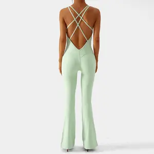 Best Selling Women Bodycon Cross Back Sport Workout Gym Jumpsuit Sleeveless Backless Ribbed Flare Yoga Jumpsuit Playsuit
