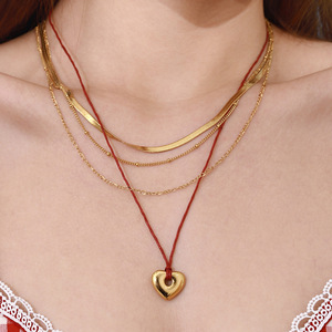 Four Layer Necklace 18K Gold Stainless Steel Blade Chain Flat Bead Chain Waxed Thread Heart Pendant Everyday Wear Unisex - Product Image 4