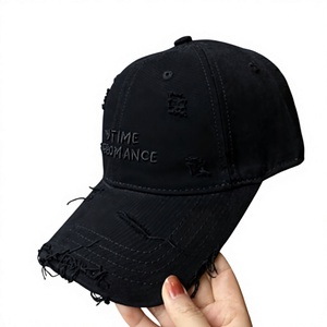Distressed Black Baseball <b>Cap</b> With Frayed Details And Ripped Texture Design - Product Image 3