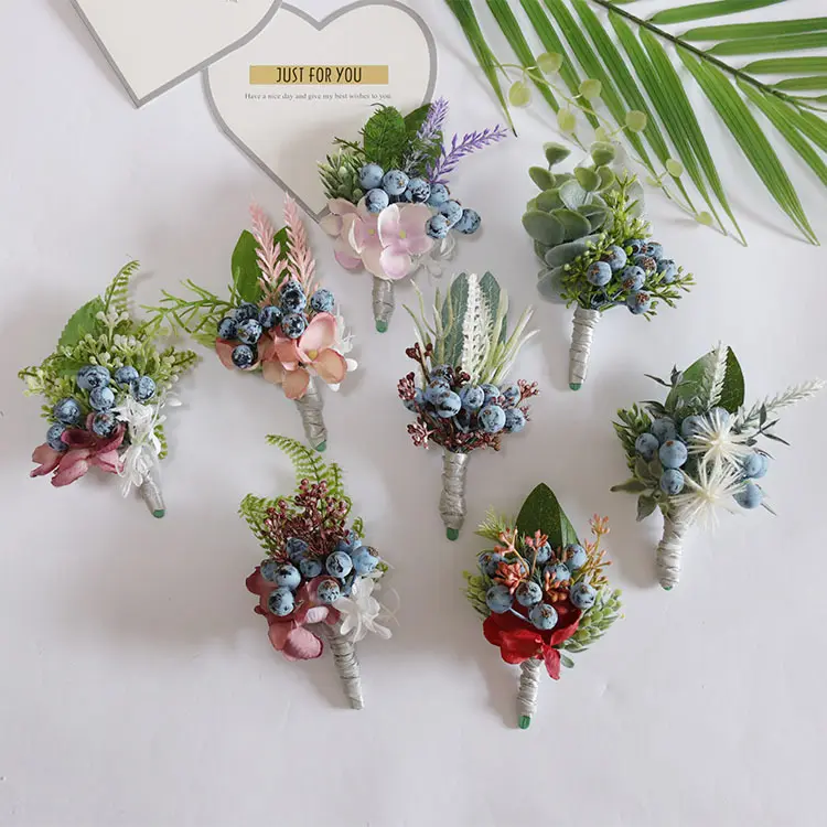 Các mặt hàng đám cưới nhân tạo Blueberry bạch đàn Corsage cho cô dâu và chú rể trang trí lụa nhựa lá Corsage