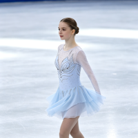 Robe de patinage artistique bleu clair pour enfants et adultes, en maille à manches longues avec strass, pour compétition et spectacle de patinage sur glace
