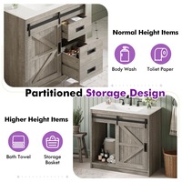 Meuble-lavabo de salle de bain style ferme avec porte coulissante, lavabo intégré et 3 tiroirs, gris bois flotté
