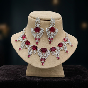 Ensemble de bijoux collier et boucles d'oreilles en cristal plaqué argent avec pierres rouges ovales pour femmes, pour mariage, fête et occasions spéciales - Product Image 5