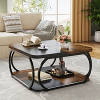 Table basse carrée en bois massif convertible 40 pouces, table centrale à cocktails, étagères à 2 niveaux, salon moderne, noir