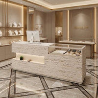 Comptoir de réception de bijouterie en placage de bois, comptoir de caisse avec vitrine, présentoir à bijoux et bureau d'accueil