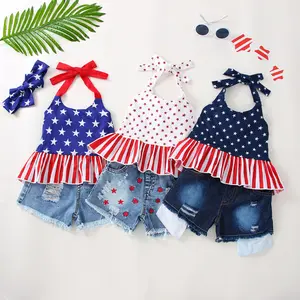 Boutique Kids Clothing Sets Toddler Girl American Flag Ruffle Top And Denim Shorts 4th Of July Baby Outfits