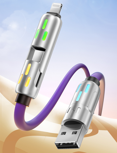 1.5M 240W 5A Fast Charging 4-in-1 USB Cable C-C Lighting Connectors Silicone Jacket Pure Copper Conductor for iPhone Android