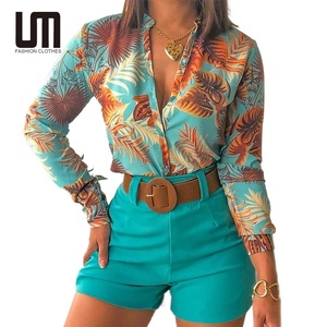 Liu Ming Venta caliente Mujeres Casual Beach Holiday Floral Leaf Camisa de manga larga Pantalones cortos Traje a juego Conjunto de 2 piezas - Product Image 1