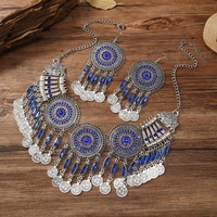 Grand bohème rétro ethnique or multicolore pièce pendentif à breloques collier strass breloques boucles d'oreilles afghani déclaration ensemble de bijoux