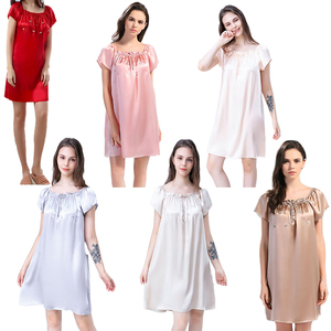Calidad fabulosa encaje borde arrugado manga corta seda mujeres dormir vestido princesa elegante 6A grado Mulberry seda pijama vestido - Product Image 2