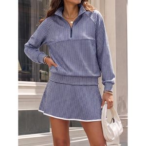 Custom Womens 2 Piece Gingham Set Half Zip Sweatshirt Mini <b>Skort</b> Stand Collar Long Sleeve Preppy Style Above Knee - Product Image 2
