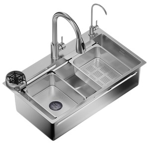 Fregadero de cocina moderno de acero inoxidable de gran capacidad, empotrado, cuadrado, con grifo estilo cascada. - Product Image 5