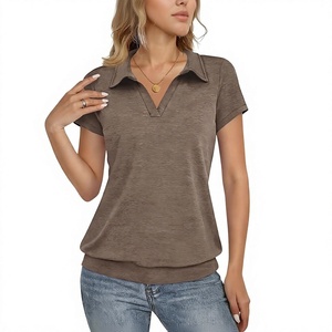 Polo à manches courtes marron pour femme, couleur unie, respirant, tricoté, décontracté - Product Image 1