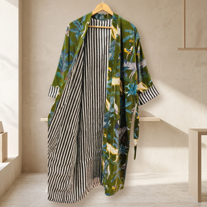 Indian Kimono Eco-Friendly Velvet Robe Women's Animal Print Wrap <b>Tie</b> Dressing Gown Full Sleeve Cotton Lining Long Summer Wear - Product Image 5