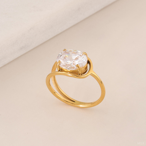<span class=keywords><strong>Bague</strong></span> pour <span class=keywords><strong>femme</strong></span> en acier inoxydable plaqué or 18 carats de haute qualité, avec grand zircon ovale superposé et barre en zircone cubique, étanche - Product Image 2