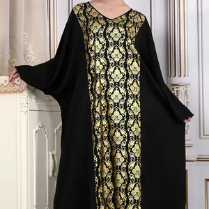 Vente en gros de 2 ensembles de robes musulmanes musulmanes Dubaï Abaya ouverte noire dorée vêtements islamiques élégants balançoire ample robe musulmane