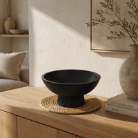 Bol sur piétement en bois noir mat moderne avec base cannelée, plateau décoratif rustique de style ferme pour la décoration intérieure Wabi-sabi